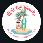 Mele Kalikimaka Tropical Surfing Santa Christmas Classic Round Sticker<br><div class="desc">Beach theme Christmas stickers feature Santa sipping from a pineapple,  with a surfboard and palm trees on a tropical island,  and the Hawaiian "Mele Kalikimaka" (Merry Christmas) holiday greeting. Can be used as gift and favour tags and envelope seals. Original artwork KL Stock.</div>