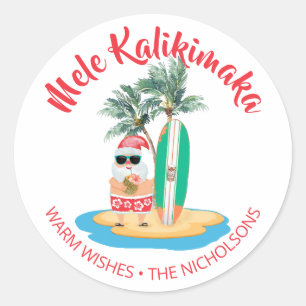 Mele Kalikimaka Tropical Surfing Santa Christmas Classic Round Sticker