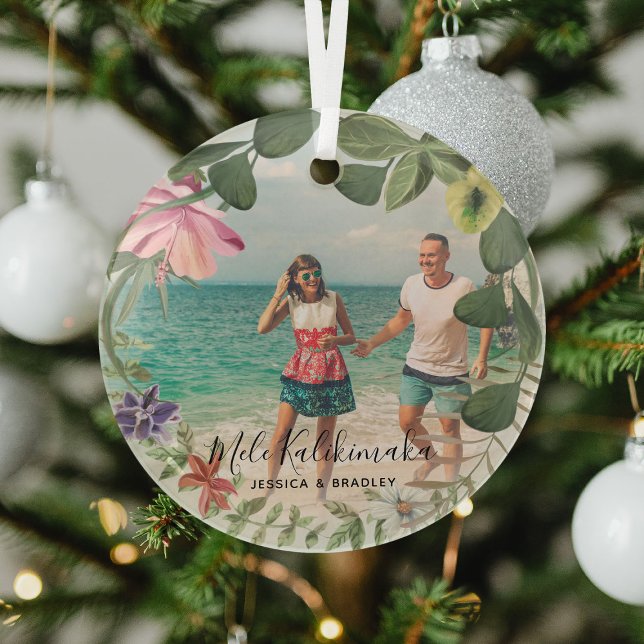 Mele Kalikimaka Tropical Wreath Photo Glass Orname Glass Tree Decoration (Creator Uploaded)