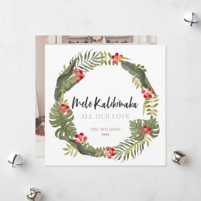 Mele Kalikimaka Tropical Wreath Photo Holiday Card (Front/Back In Situ)
