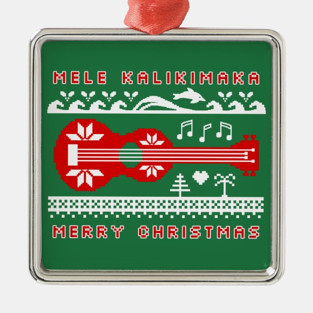 Mele Kalikimaka Ugly Sweater (Red on Green) Metal Tree Decoration (Front)