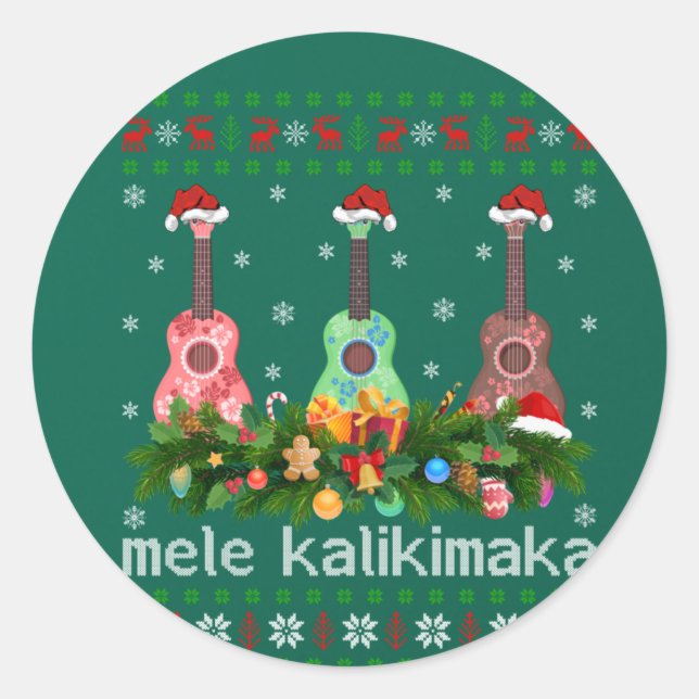 Mele Kalikimaka Ukulele Guitar Gift Ugly Ukulele Classic Round Sticker (Front)