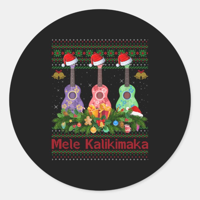 Mele Kalikimaka Ukulele Guitar Ugly Xmas Sweaters  Classic Round Sticker (Front)