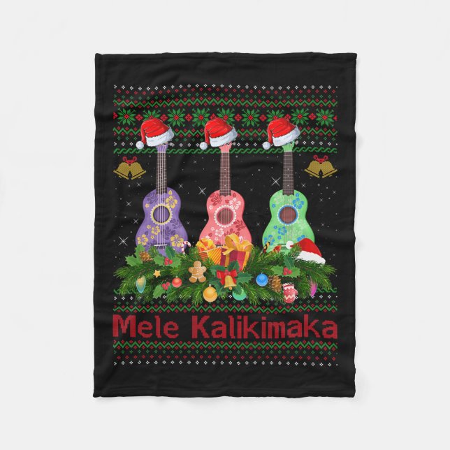 Mele Kalikimaka Ukulele Guitar Ugly Xmas Sweaters  Fleece Blanket (Front)