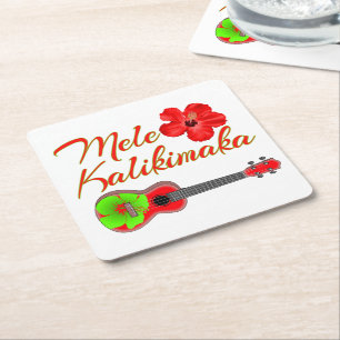 Mele Kalikimaka Ukulele Square Paper Coaster