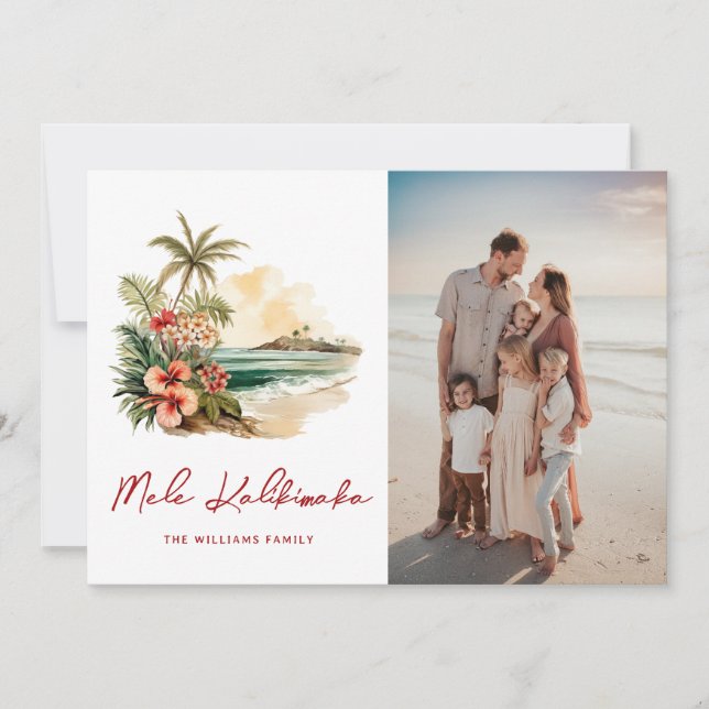 Mele Kalikimaka Watercolor Beach Floral Photo Holiday Card (Front)
