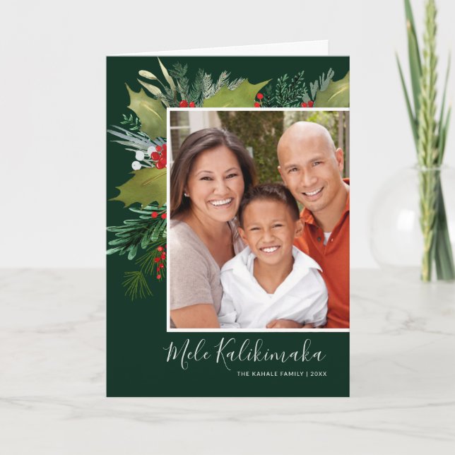 Mele Kalikimaka Watercolor Christmas Holly Photo Holiday Card (Front)