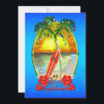 Mele Kalikimakai Hawaiian Beach Christmas Holiday Card<br><div class="desc">Mele Kalikimaka,  Hawaiian for Merry Christmas. Beach art with a palm tree decorated with Christmas lights and ornaments and a tropical ocean blue background.</div>