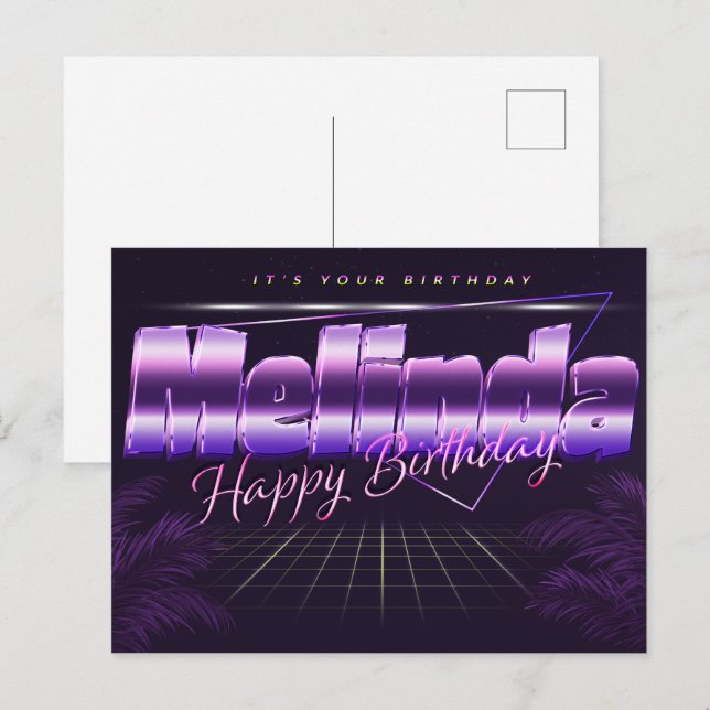 Melinda name First name purple postcard birthday (Front/Back)