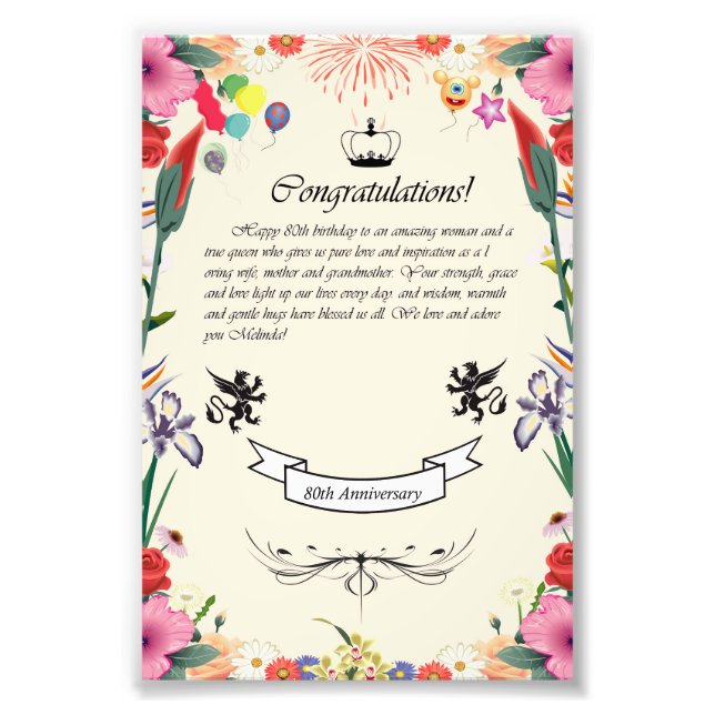 Melinda's 80th Birthday  Greeting Card Photo Print (Front)