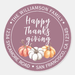 Mellow Mauve Pumpkin Thanksgiving Return Address Classic Round Sticker