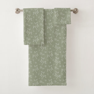 Mellow Olive Green Vines and Florals Pattern Bath Towel Set
