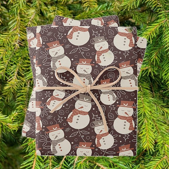 Mellow Snowmen - Christmas pattern amaro red. Wrapping Paper Sheet (Creator Uploaded)