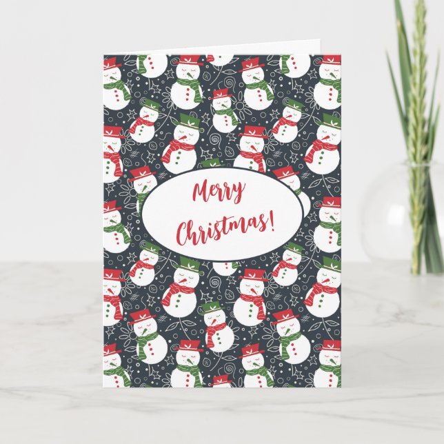 Mellow Snowmen - cute red green Christmas snowman. Holiday Card (Front)