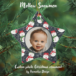 Mellow Snowmen - First Christmas photo custom. Ceramic Tree Decoration