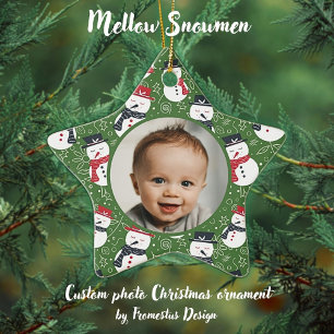 Mellow Snowmen - First Christmas photo custom. Ceramic Tree Decoration