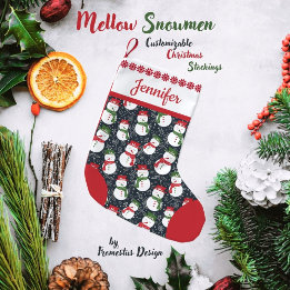 Mellow Snowmen - Xmas red and green customisable. Small Christmas Stocking