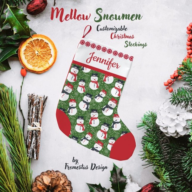Mellow Snowmen - Xmas red on green customisable. Small Christmas Stocking (Creator Uploaded)
