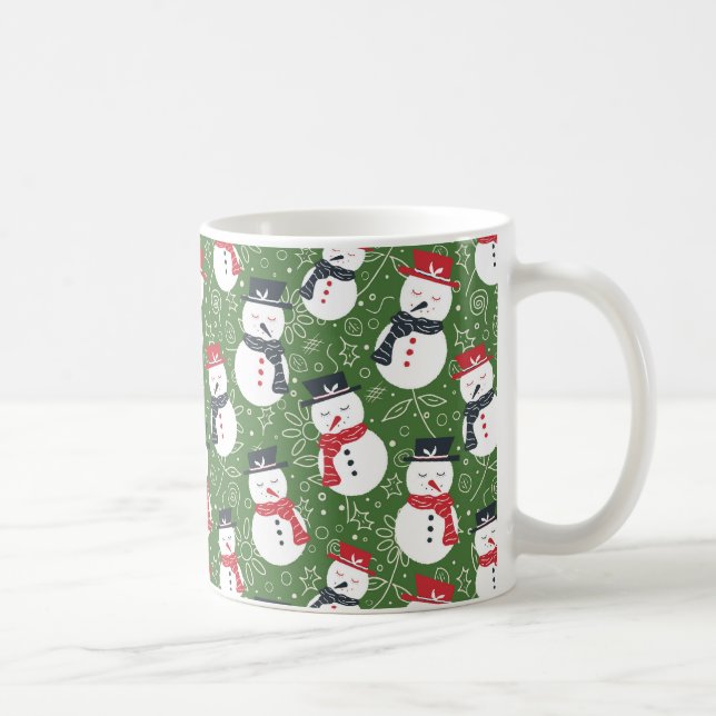 Mellow Snowmen - Xmas red on green pattern. Coffee Mug (Right)