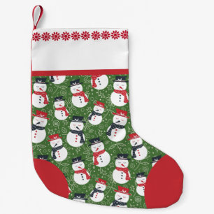 Mellow Snowmen - Xmas red on green. Small Christmas Stocking