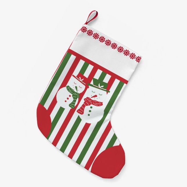Mellow Snowmen - Xmas red white green stripes. Small Christmas Stocking (Front (Hanging))