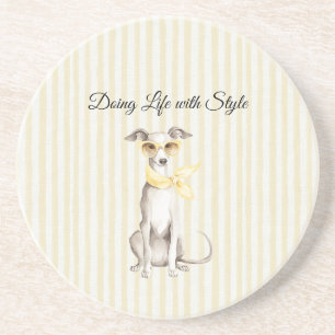 Mellow Yellow Scarf White Dog Stripes Coaster