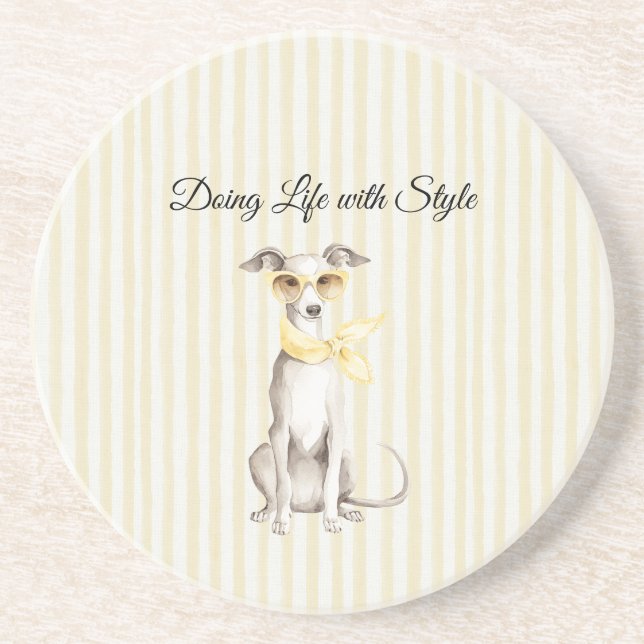 Mellow Yellow Scarf White Dog Stripes Coaster (Front)