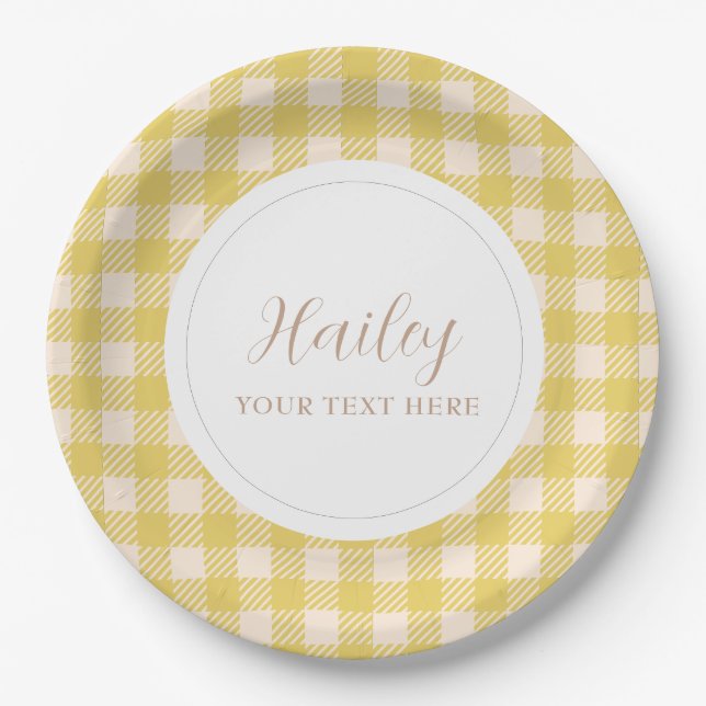 Mellow yellow vichy gingham plaid checked Party Paper Plate (Front)