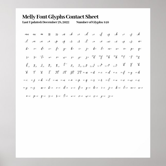 Melly Font Glyphs Contact Sheet Poster (Front)