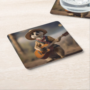 Melodies of the Savanna A Meerkat Guitar Serenade, Square Paper Coaster