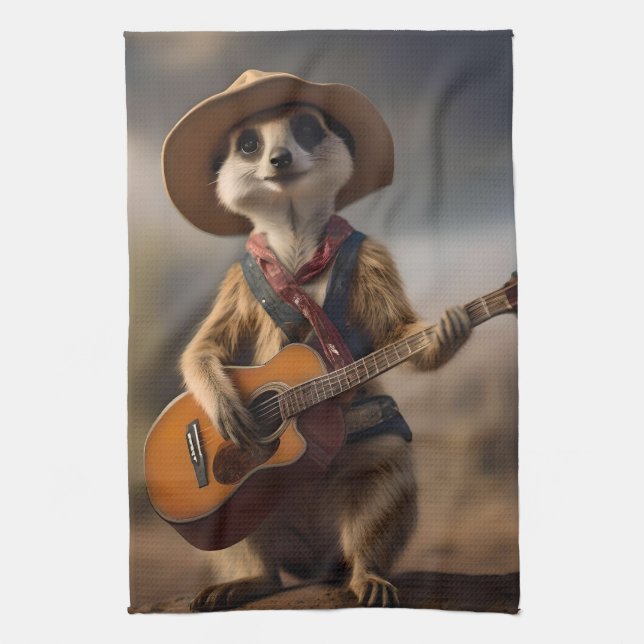 Melodies of the Savanna A Meerkat Guitar Serenade, Tea Towel (Vertical)