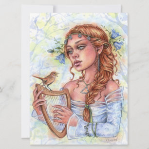 Melody Bell Flower Nightingale Bird Harp Art Card