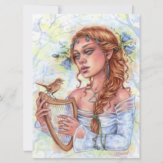 Melody Bell Flower Nightingale Bird Harp Art Card (Front)