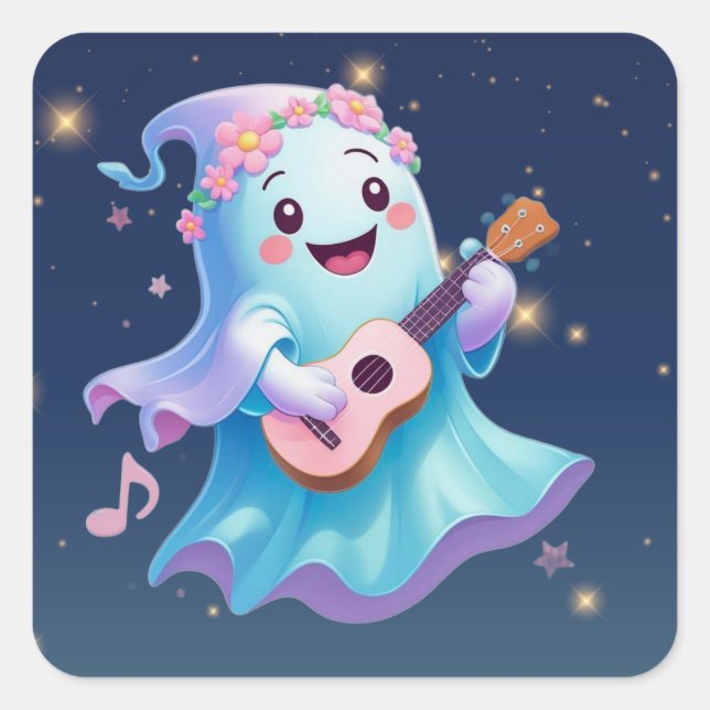 "Melody of the Afterlife – Kawaii Ghost Musician" Square Sticker (Front)