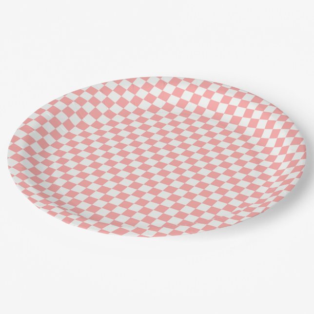 Melon And White Gingham Chequered Paper Plate (Angled)