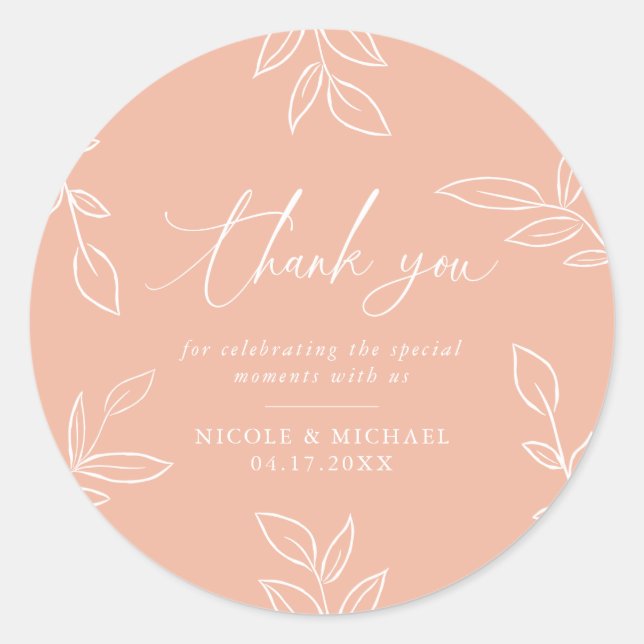 Melon Pink Elegant Leaves Wedding Thank You Classic Round Sticker (Front)