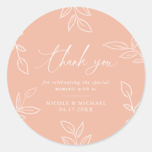 Melon Pink Elegant Leaves Wedding Thank You Classic Round Sticker
