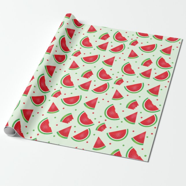 Melon Watermelon Fruit Pattern Summer Light Green Wrapping Paper (Unrolled)