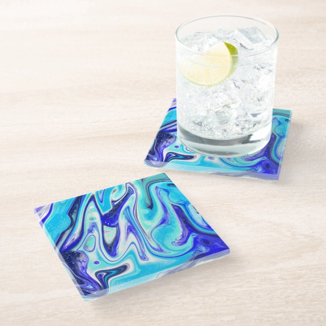 Melted Blue | Marble Fluid Art Glass Coaster (Angled)
