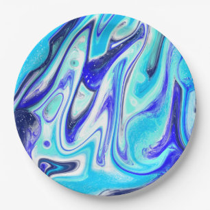Melted Blue   Marble Fluid Art Paper Plate