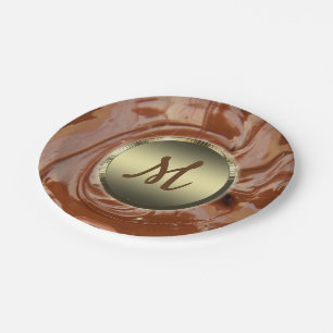 Melted chocolate cocoa fudge swirl dessert brown  paper plate