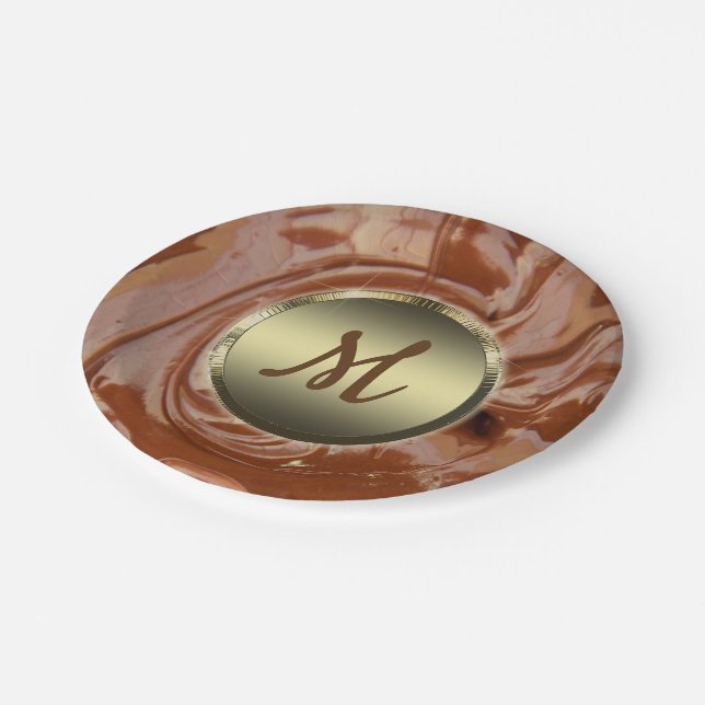 Melted chocolate cocoa fudge swirl dessert brown  paper plate (Angled)