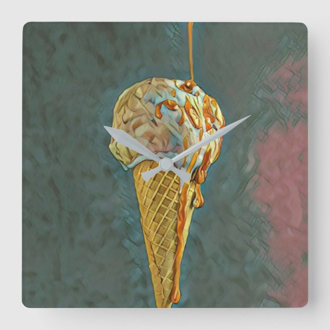 Melted chocolate ice cream cone square wall clock (Front)