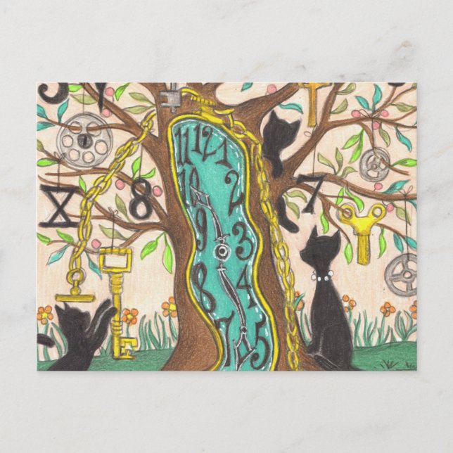 Melting clock in tree with cats postcard (Front)