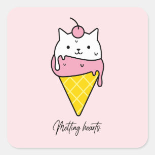 Melting Hearts – Cute Summer Ice Cream Cat Square Sticker