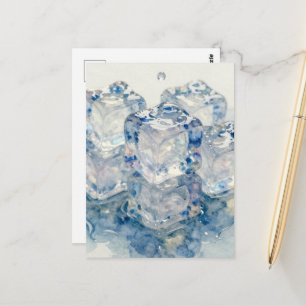 Melting ice cubes realistic blue watercolor postcard