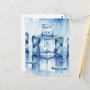 Melting ice cubes watercolor typography puddle postcard
