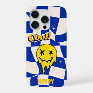 Melting Smile emoji with Blue Chequered iPhone 15 Pro Case