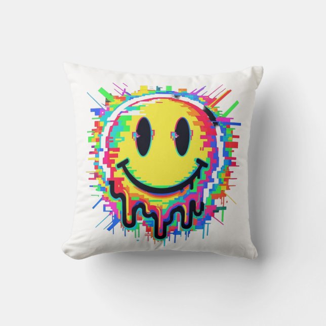 Melting Smiley Face Throw Pillow – Psychedelic Col (Front)