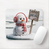 Melting Snowman On Ice Floe With Help Sign